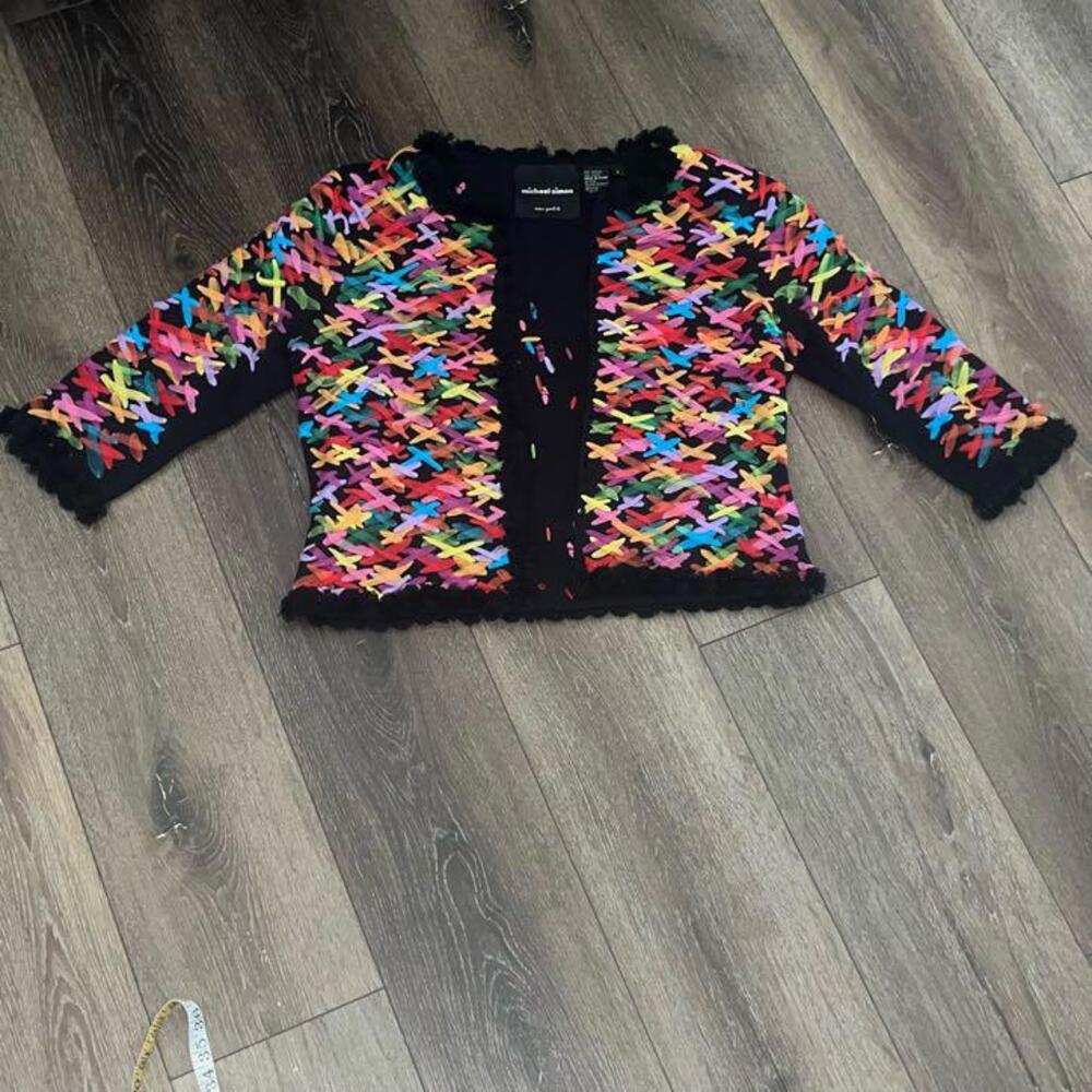 Michael Simon Women's Tulle Ribbon 3/4 Sleeve Cardigan Sweater Multicolor Size S